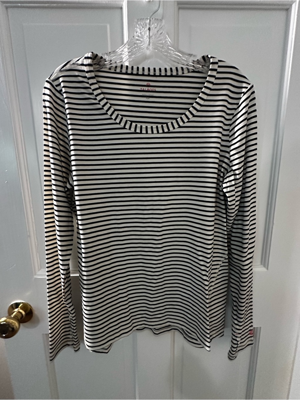 T by Talbots Black and White Striped Long Sleeve Scoop Neck Tee